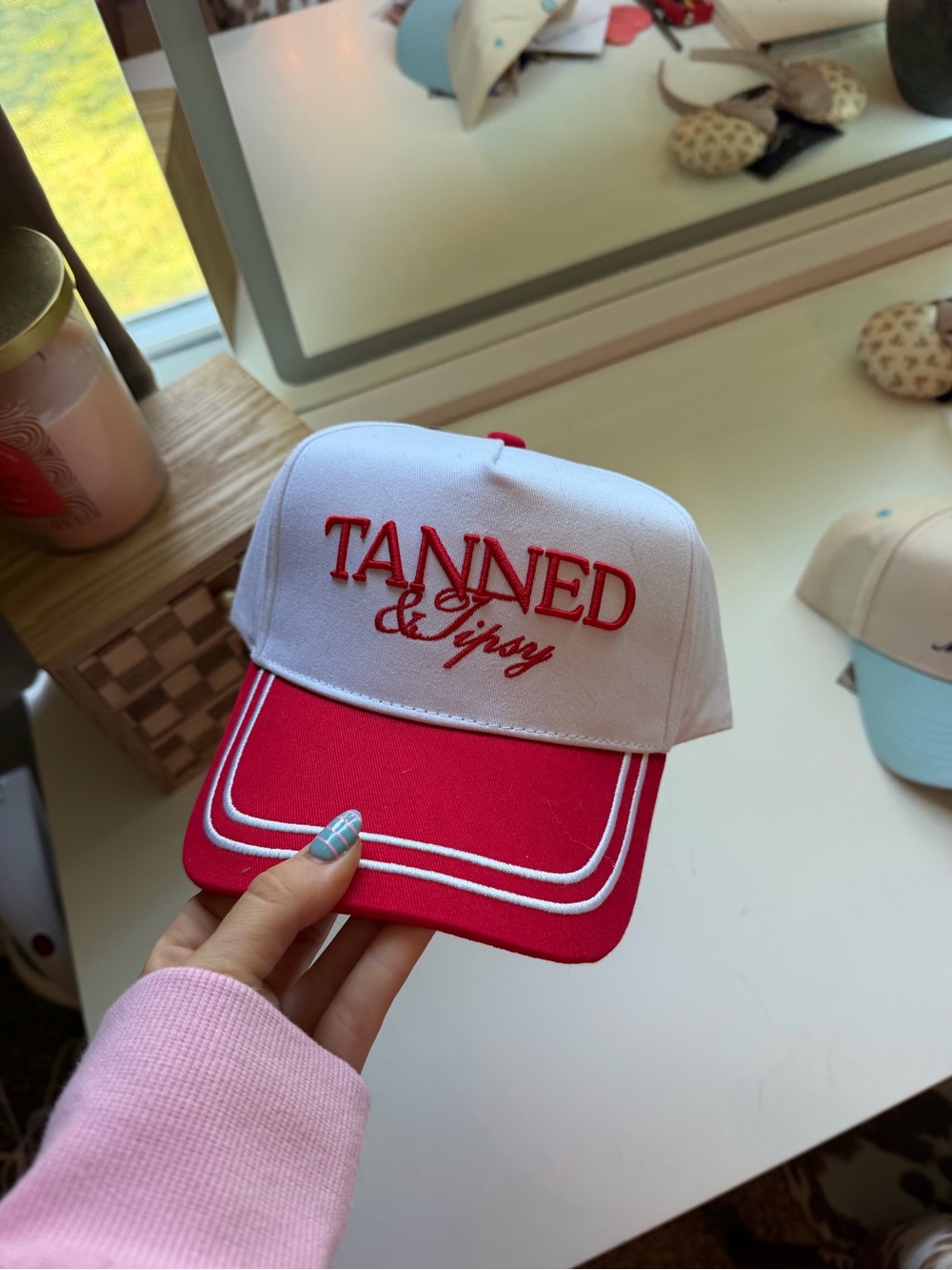TANNED & Tipsy Red and White Trucker Hat